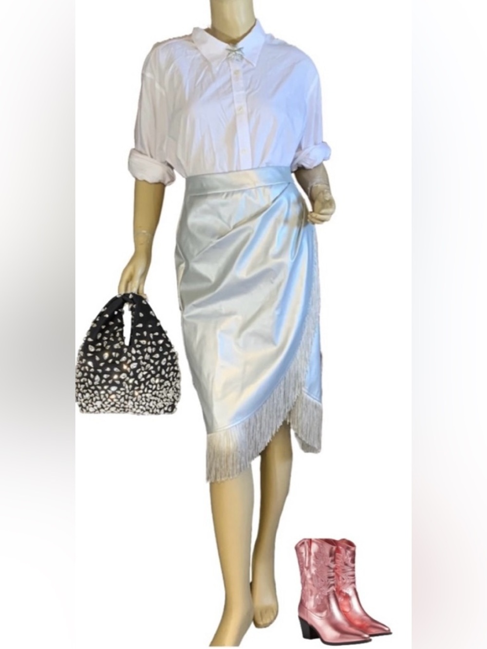BELLE POQUE SILVER FAUX LEATHER WRAP SKIRT WITH FRINGE NWT (L)